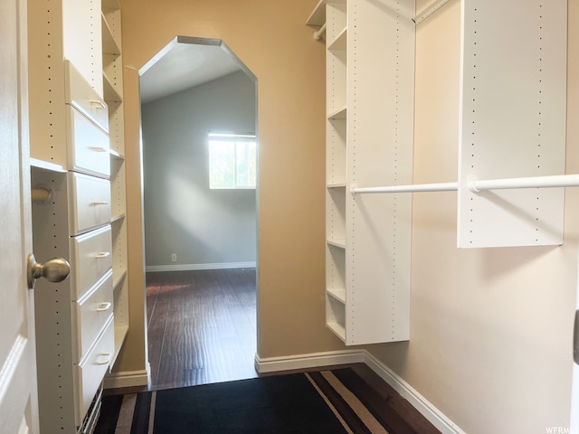 spacious closet featuring dark hardwood / wood-style flooring and lofted ceiling