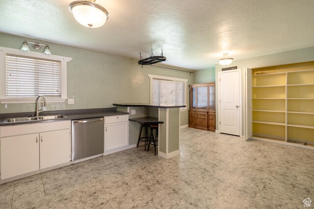 49 E 400 S, Monticello, UT 84535 - kitchen with dishwasher, a sink, a textured ceiling, dark countertops, and white cabinetry