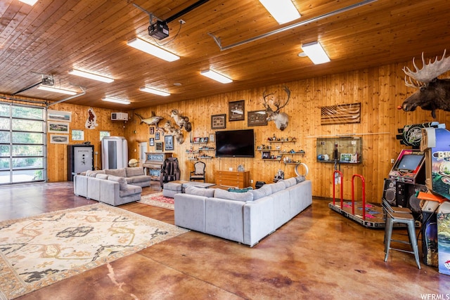 2085 W Midway Ln, Heber City, UT 84032 - living room featuring concrete floors, wooden ceiling, and wood walls