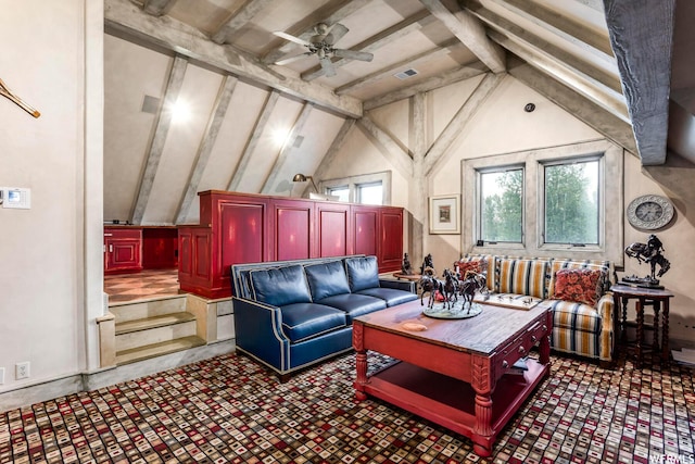 2085 W Midway Ln, Heber City, UT 84032 - living area featuring lofted ceiling with beams and a ceiling fan