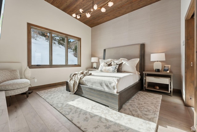 103 Alice Ct, Park City, UT 84060 - bedroom featuring wooden ceiling, vaulted ceiling, baseboards, wood finished floors, and a chandelier