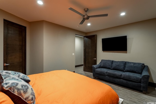 854 W Tawgoo Ct, Ivins, UT 84738 - bedroom featuring ceiling fan, baseboards, wood finished floors, and recessed lighting