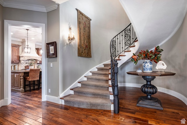 3626 E Granite Bench Ln S, Sandy, UT 84092 - stairway with crown molding and dark wood-type flooring