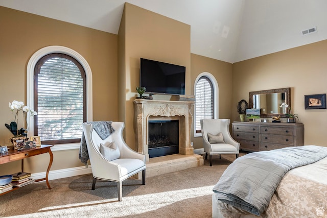 3626 E Granite Bench Ln S, Sandy, UT 84092 - carpeted bedroom featuring lofted ceiling, multiple windows, and a fireplace