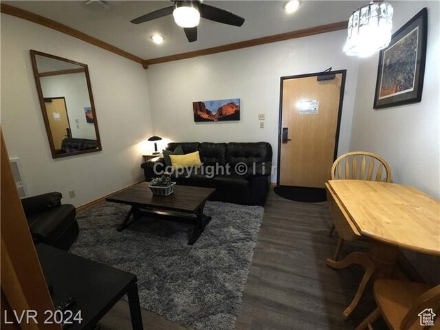223 Hunter Ridge Rd Unit A202, Brian Head, UT 84719 - living room featuring ceiling fan, dark hardwood / wood-style flooring, and crown molding