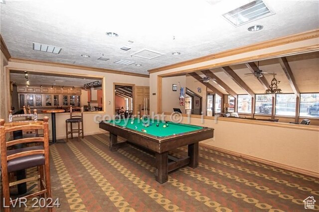 223 Hunter Ridge Rd Unit A202, Brian Head, UT 84719 - game room featuring ceiling fan, dark carpet, crown molding, and billiards