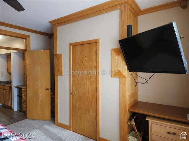 223 Hunter Ridge Rd Unit A202, Brian Head, UT 84719 - bedroom with ornamental molding, ceiling fan, ensuite bath, and carpet flooring