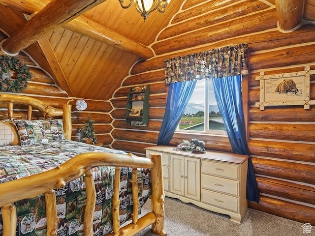 bedroom featuring light carpet, rustic walls, wooden ceiling, and vaulted ceiling with beams