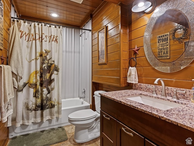 full bathroom with toilet, wooden ceiling, and wooden walls