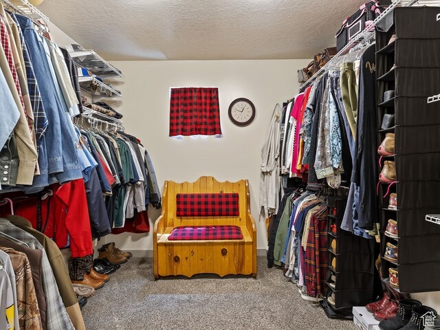 walk in closet with dark carpet