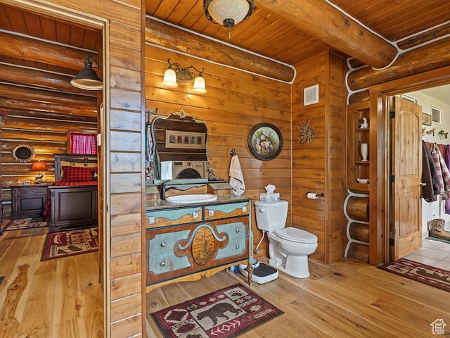 bathroom featuring toilet, wood ceiling, wood-type flooring, and vanity