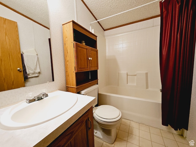 3628 E 3750 S, Ballard, UT 84066 - full bathroom featuring vanity, tile patterned floors, crown molding, shower / bathtub combination with curtain, and a textured ceiling