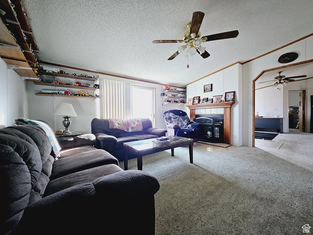 3628 E 3750 S, Ballard, UT 84066 - living room featuring a fireplace, carpet, a textured ceiling, and ornamental molding