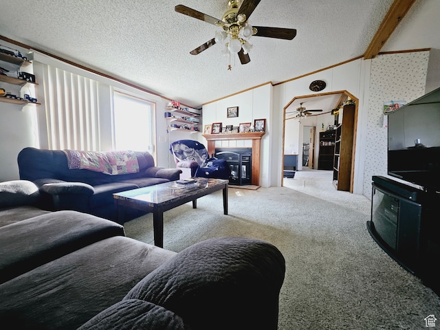 3628 E 3750 S, Ballard, UT 84066 - carpeted living room featuring a textured ceiling, a wood stove, lofted ceiling, and ornamental molding