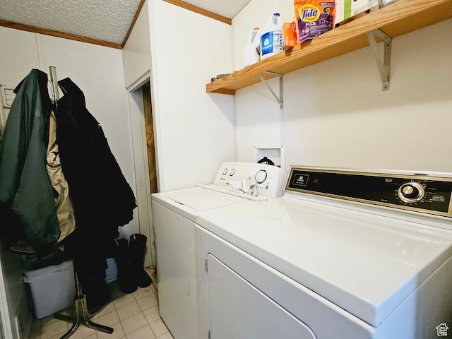 3628 E 3750 S, Ballard, UT 84066 - clothes washing area with washer and dryer, light tile patterned floors, a textured ceiling, and ornamental molding