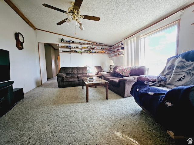 3628 E 3750 S, Ballard, UT 84066 - living room with a textured ceiling, light carpet, ceiling fan, and vaulted ceiling