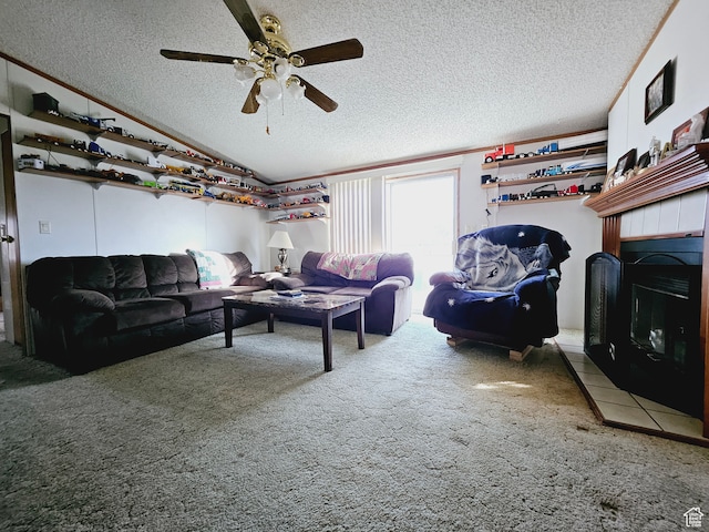 3628 E 3750 S, Ballard, UT 84066 - carpeted living room featuring a textured ceiling, ceiling fan, and lofted ceiling