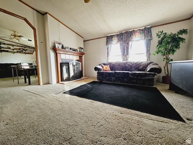 3628 E 3750 S, Ballard, UT 84066 - carpeted living room featuring ceiling fan, lofted ceiling, and a textured ceiling