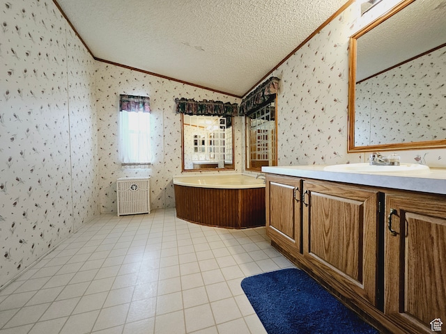 3628 E 3750 S, Ballard, UT 84066 - bathroom with vanity, lofted ceiling, crown molding, a textured ceiling, and a tub