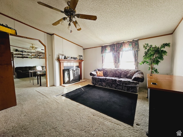 3628 E 3750 S, Ballard, UT 84066 - carpeted living room featuring ceiling fan, a textured ceiling, and ornamental molding