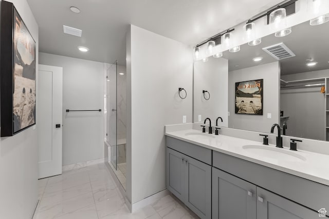 909 W Peace Tree Trl Unit 507, Heber City, UT 84032 - bathroom with an enclosed shower, double sink, tile floors, and vanity with extensive cabinet space
