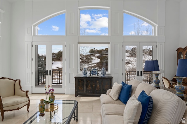 380 S Lindsay Spring Rd, Heber City, UT 84032 - living room with french doors, a high ceiling, and light tile patterned floors
