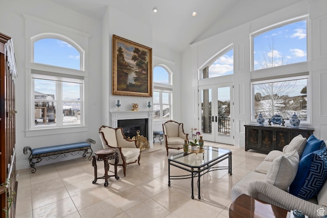 380 S Lindsay Spring Rd, Heber City, UT 84032 - tiled living room with high vaulted ceiling and french doors