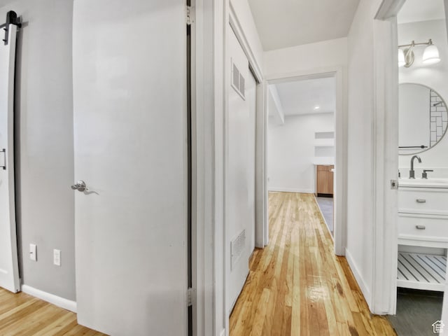 650 N 300 W Unit 218, Salt Lake City, UT 84103 - corridor with a barn door, sink, and light hardwood / wood-style floors