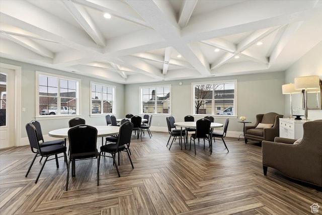 dining space featuring beam ceiling, dark parquet flooring, and coffered ceiling