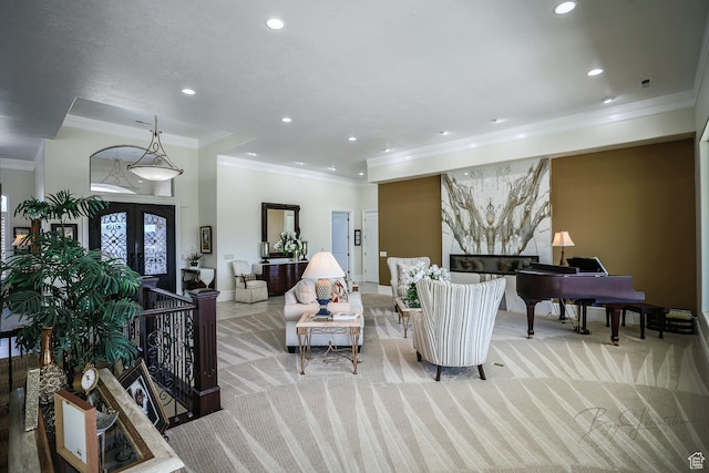 836 E St James Ln, St George, UT 84790 - living room featuring light carpet, ornamental molding, and french doors