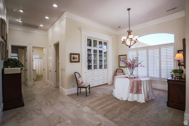 836 E St James Ln, St George, UT 84790 - living area with a notable chandelier, ornamental molding, and light colored carpet
