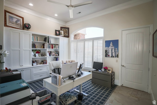 836 E St James Ln, St George, UT 84790 - tiled office with ceiling fan and ornamental molding