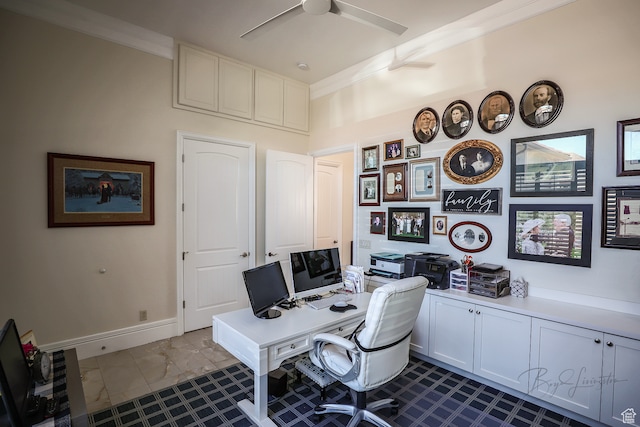 836 E St James Ln, St George, UT 84790 - home office with tile flooring, ornamental molding, and ceiling fan