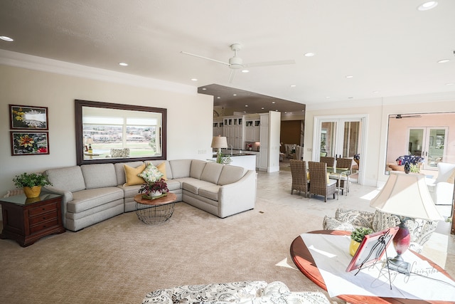 836 E St James Ln, St George, UT 84790 - living room with crown molding, ceiling fan, and light carpet