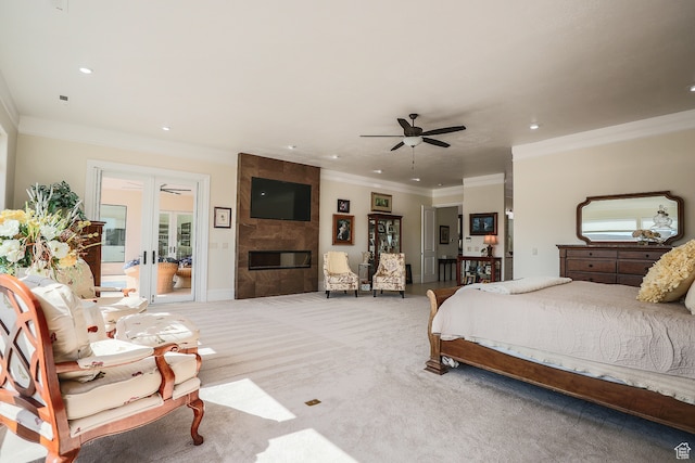 836 E St James Ln, St George, UT 84790 - bedroom with carpet, a tile fireplace, ornamental molding, and ceiling fan