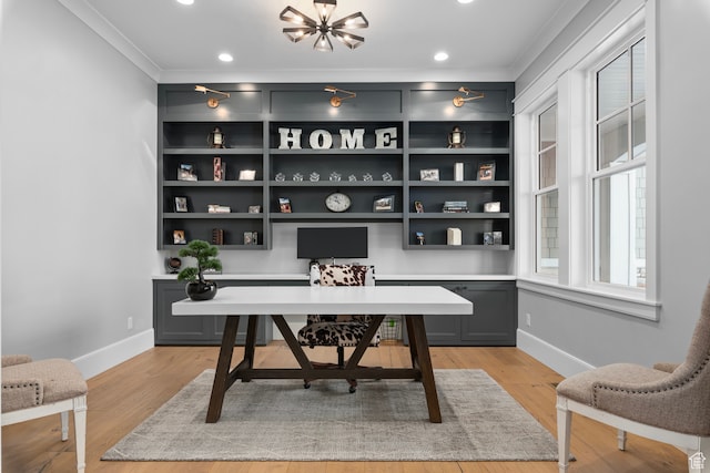 3297 W Blue Springs Ln, Bluffdale, UT 84065 - home office with built in features, light hardwood / wood-style flooring, ornamental molding, and a notable chandelier