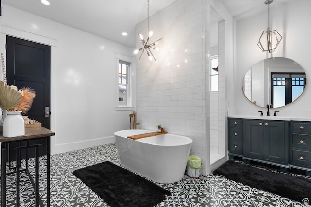 3297 W Blue Springs Ln, Bluffdale, UT 84065 - bathroom with tile patterned floors, vanity, tile walls, and plus walk in shower