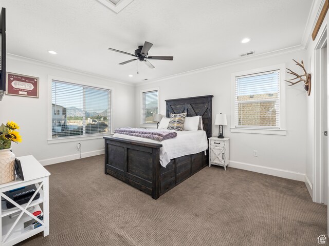 632 W 1460 S, Spanish Fork, UT 84660 - carpeted bedroom with ornamental molding, ceiling fan, and multiple windows