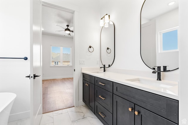 1260 Crest Dale Ln, Santaquin, UT 84655 - full bathroom featuring marble finish floor, ceiling fan, and a sink