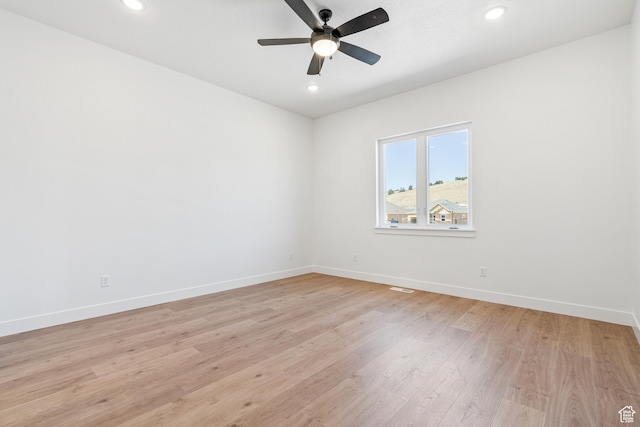 1260 Crest Dale Ln, Santaquin, UT 84655 - spare room featuring a ceiling fan, light wood-style flooring, baseboards, visible vents, and recessed lighting