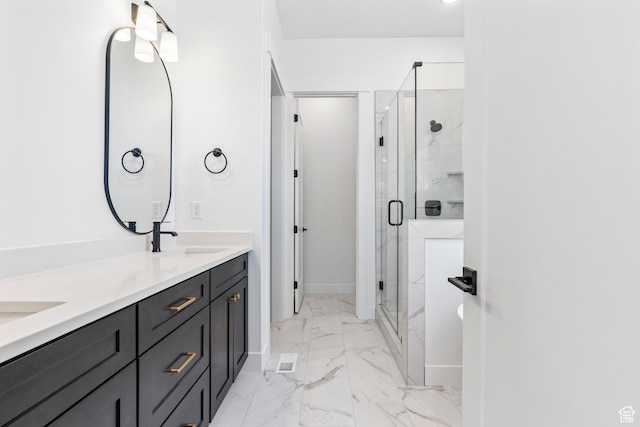 1260 Crest Dale Ln, Santaquin, UT 84655 - bathroom with baseboards, marble finish floor, a sink, a stall shower, and double vanity