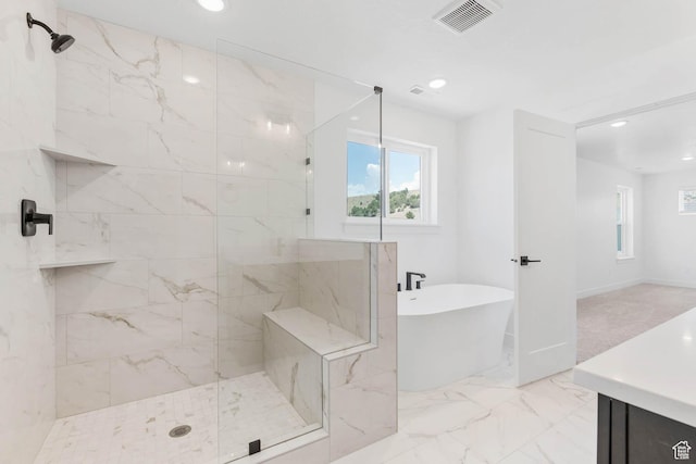 1208 W View Dr S, Santaquin, UT 84655 - bathroom with a marble finish shower, vanity, a freestanding tub, recessed lighting, and marble finish floors