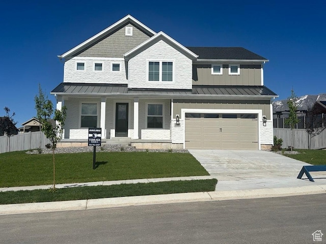 1208 W View Dr S, Santaquin, UT 84655 - craftsman inspired home with a standing seam roof, driveway, a porch, a garage, and board and batten siding