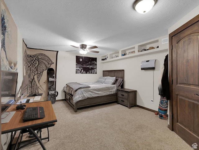 1271 E Oakridge Rd S, Park City, UT 84098 - bedroom featuring visible vents, light carpet, ceiling fan, a textured ceiling, and baseboards