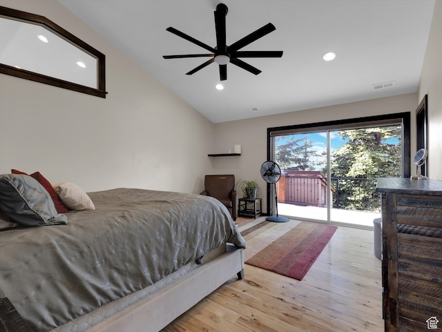 1271 E Oakridge Rd S, Park City, UT 84098 - bedroom with lofted ceiling, recessed lighting, visible vents, access to outside, and light wood-type flooring