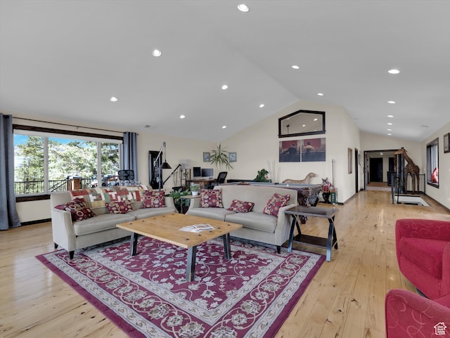 1271 E Oakridge Rd S, Park City, UT 84098 - living room featuring recessed lighting, vaulted ceiling, light wood-style flooring, and stairs