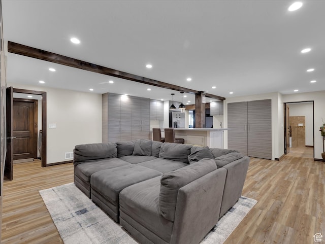 1271 E Oakridge Rd S, Park City, UT 84098 - living area with light wood finished floors, baseboards, beam ceiling, and recessed lighting