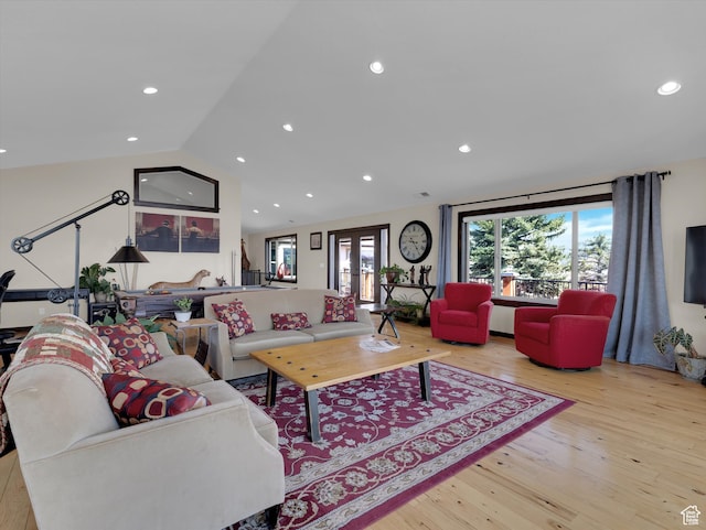 1271 E Oakridge Rd S, Park City, UT 84098 - living room featuring light wood-style floors, recessed lighting, vaulted ceiling, and french doors