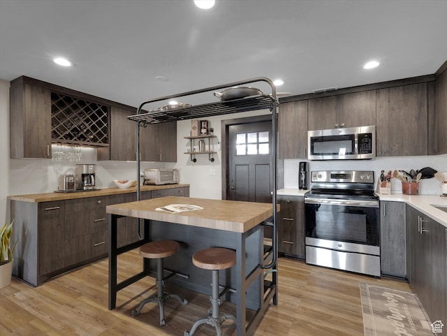 1271 E Oakridge Rd S, Park City, UT 84098 - kitchen with appliances with stainless steel finishes, butcher block countertops, light wood-style flooring, and dark brown cabinets