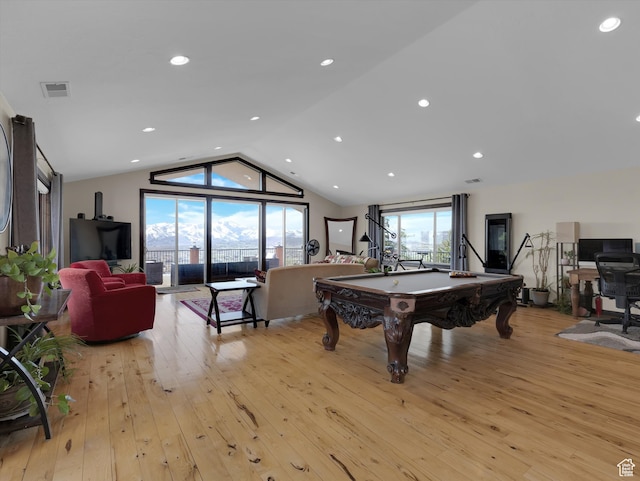 1271 E Oakridge Rd S, Park City, UT 84098 - game room featuring recessed lighting, pool table, visible vents, vaulted ceiling, and light wood finished floors